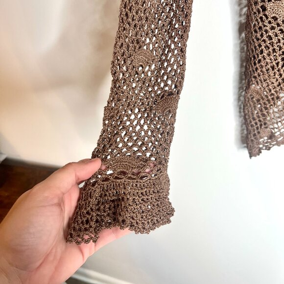 Vtg Kroshetta by Papillon Brown Crochet Beaded Open Knit Cardigan Boho Y2K Sz M - Picture 4 of 6